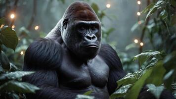 A close-up of a gorilla in a lush, green environment with soft lighting. photo