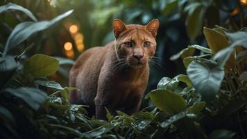 A close-up of a brown cat in lush greenery, showcasing its alert expression. photo