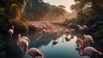 A serene scene featuring numerous flamingos in a lush, tropical environment by a calm waterway. photo