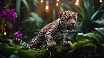 A playful jaguar cub amidst lush greenery and vibrant orchids in a serene environment. photo