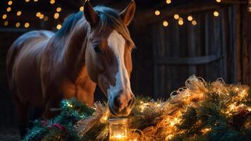 A horse near festive decorations and a lit jar in a cozy barn setting. photo