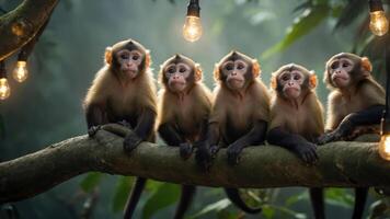 Five monkeys sitting on a branch with decorative lights in a lush, green environment. photo