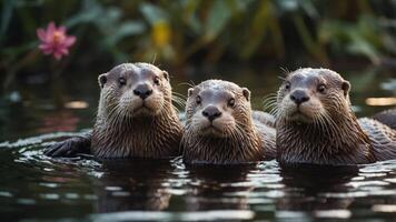 Three otters swimming together in a serene water setting with lily pads. photo