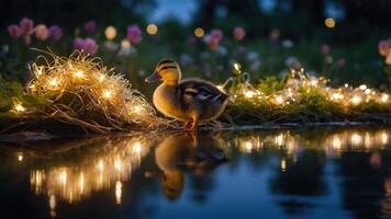 A duckling stands by a shimmering water edge, surrounded by glowing lights and flowers. photo