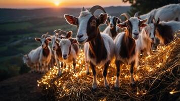 A group of goats stands on hay, illuminated by string lights at sunset. photo