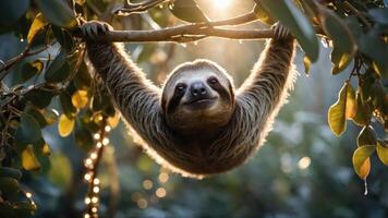 A sloth hanging from a branch, illuminated by soft sunlight in a lush environment. photo