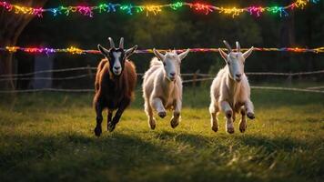 Three goats running joyfully under colorful string lights in a grassy field. photo