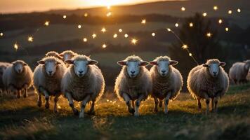 A herd of sheep running towards the camera at sunset, surrounded by twinkling lights. photo