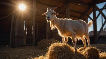 A goat stands on a haystack in a barn, illuminated by sunlight. photo