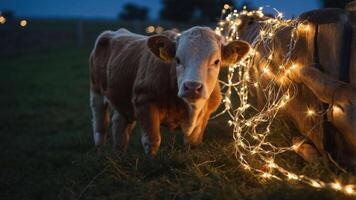 A calf stands amidst twinkling lights in a serene outdoor setting. photo
