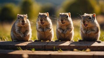 Four squirrels standing in a row, appearing playful in a natural outdoor setting. photo