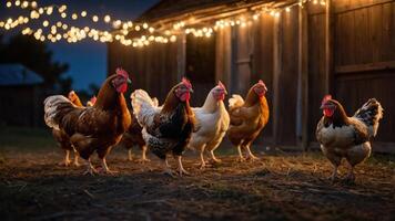 A group of chickens walking near a barn illuminated by string lights at dusk. photo