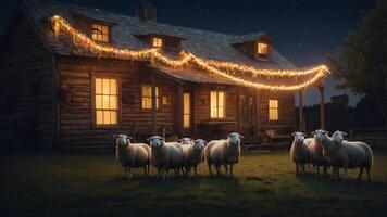 A cozy farmhouse illuminated by string lights, with sheep gathered in the foreground at night. photo