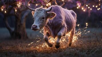 A playful cow leaps through glowing lights in a serene, twilight setting. photo