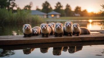 A group of ferrets lined up on a dock at sunset, reflecting in the water. photo