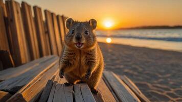 A cute animal stands on wooden planks at sunset by the beach, creating a serene atmosphere. photo