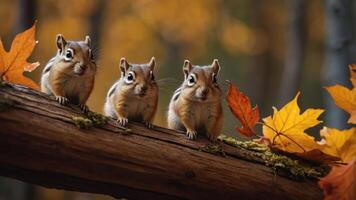 Three chipmunks perched on a log surrounded by autumn leaves in a forest setting. photo