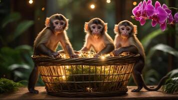 Three monkeys playfully interacting in a woven basket adorned with lights and surrounded by plants. photo