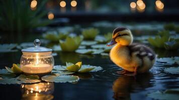 A duckling beside a glowing candle jar on a serene pond with lily pads at dusk. photo