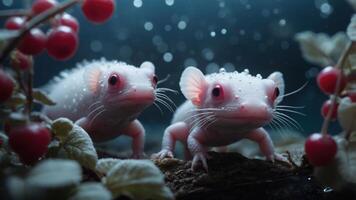 Two pink axolotls surrounded by foliage and bubbles in a serene underwater setting. photo