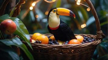 A toucan perched in a basket filled with vibrant fruits, surrounded by lush greenery and lights. photo