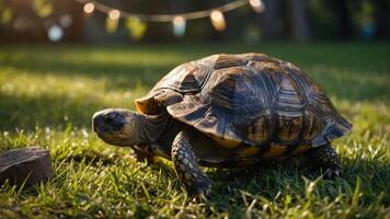 A tortoise walking on grass with soft lighting and decorative string lights in the background. photo