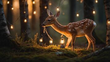 A serene deer stands amidst glowing lanterns in a forest, evoking a magical atmosphere. photo