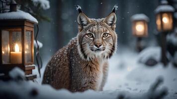 A lynx sits in a snowy forest, surrounded by lanterns, creating a serene winter scene. photo