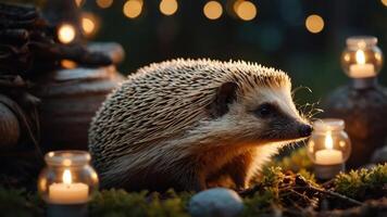 A hedgehog surrounded by soft lighting and natural elements, creating a cozy atmosphere. photo