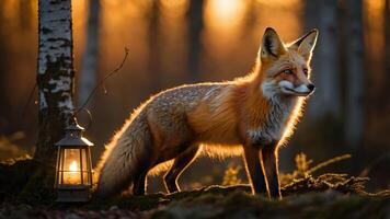 A fox stands beside a glowing lantern in a serene forest at sunset. photo