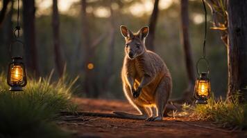 A kangaroo stands on a path illuminated by lanterns in a serene natural setting. photo