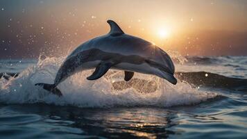 A dolphin leaps from the ocean at sunset, creating splashes and capturing a serene moment. photo