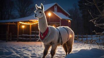 A llama adorned with lights stands in the snow near a barn, creating a festive winter scene. photo