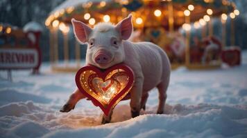 A playful pig carries a heart-shaped sign in a snowy setting with festive lights. photo