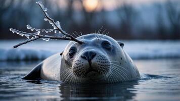 A seal with a twig on its head emerges from the water, surrounded by a serene winter landscape. photo
