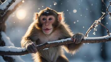 A playful monkey perched on a snowy branch, surrounded by falling snowflakes. photo