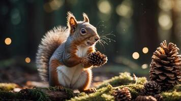 A squirrel holding a pine cone in a serene forest setting, surrounded by pine cones and greenery. photo