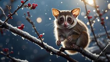 A cute animal perched on a snowy branch with red berries in a serene winter setting. photo