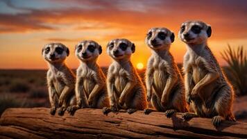 A group of five meerkats sitting on a log during a vibrant sunset. photo