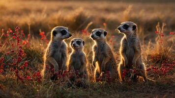 A group of four meerkats standing in a field during sunset, surrounded by flowers. photo