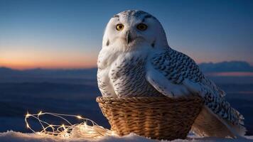 A snowy owl perched in a basket with twinkling lights against a twilight backdrop. photo