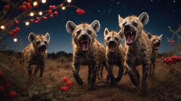 A group of hyenas approaches at night, illuminated by soft lights and a starry sky. photo