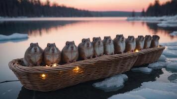 A whimsical scene of multiple hamsters in a basket by a serene lakeside at sunset. photo