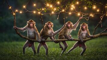 Four monkeys playfully hanging on a branch adorned with lights in a natural setting. photo