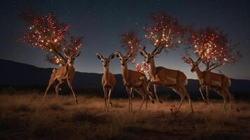 A surreal scene of deer with illuminated trees under a starry night sky. photo