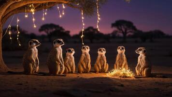 A group of meerkats gathered around a glowing campfire under a tree at dusk. photo