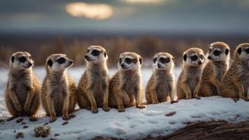 A group of meerkats sitting in a row on a log, with a scenic background. photo