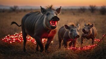 Three wild boars with open mouths in a field, surrounded by glowing red lights at sunset. photo