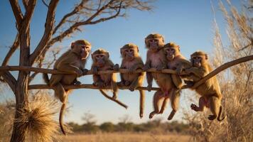 A group of six baboons sitting together on a branch in a natural setting. photo