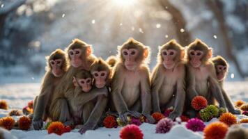 A group of monkeys sitting together on snow, surrounded by colorful flowers. photo